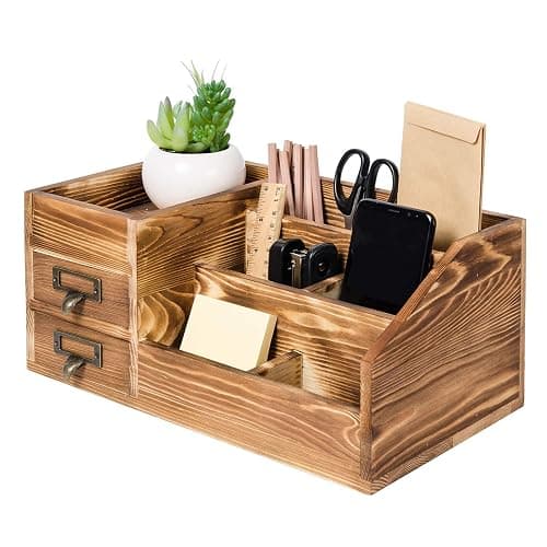 Liry Products Rustic Wooden Desktop Organizer Office Supplies Brown Tabletop Storage Cabinet Stepped Rack Multiple Compartments 2 Tier Drawers Makeup Accessory Jewelry Sorter Display Box Home Office - Image 1