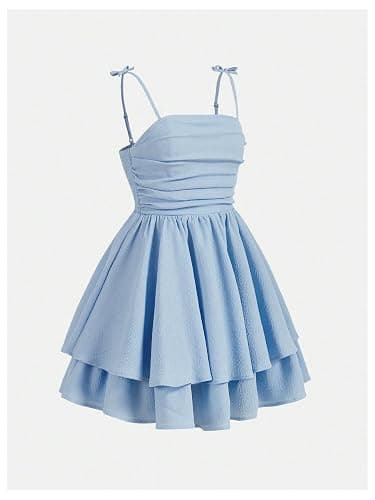 SHENHE Girl's Smocked Ruched A Line Swing Dress Layered Tie Shoulder Flowy Cami Short Dress thumbnail 2