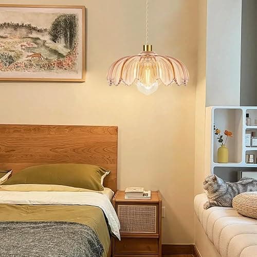 QIYIZM Plug in Pendant Light Hanging Lights with in Cord Mid Century Modern Gold Hanging Lamp Flower Glass Amber Vintage Dimmable Chandelier Ceiling Fixture for Living Room,Kitchen,Boho thumbnail 4
