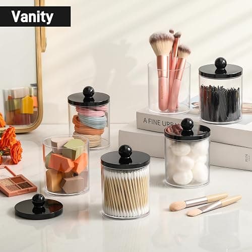 8 Pack Acrylic Qtip Holder Dispenser for Cotton Swabs, Balls, Pads, Floss - Plastic Canister Apothecary Jar Set, Bathroom Essentials Accessories Decor Vanity Makeup Storage Organizer - Clear & Black thumbnail 2