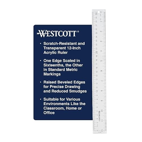 Westcott Acrylic Clear Ruler, Easy-to-Read Markings, Scratch-Resistant Design, Raised Beveled Edges, for Crafting, Office, Classroom, Back to School Supplies, 12-Inch thumbnail 2