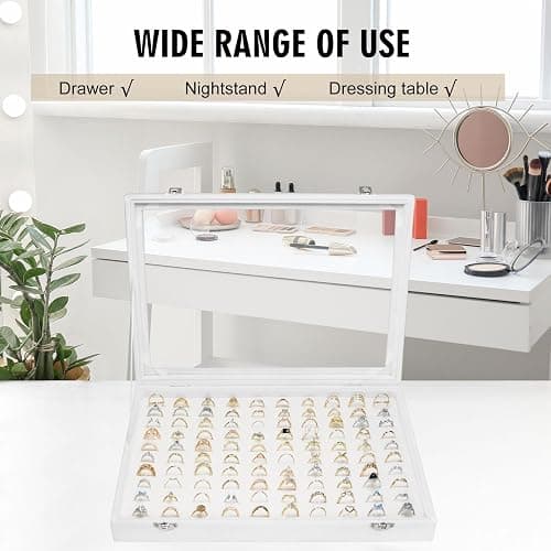 Siveit Velvet Ring Display Tray Organizer Box with Transparent Lid, 100 Slot Ring Holder Showcase For Store Display Jewelry Show Home, Ring Organizer For Rings Earrings (Ivory) thumbnail 6