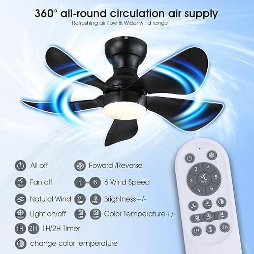 Kviflon 30" Black Small Low Profile Ceiling Fans with Light Remote Control | Flush Mount, 5 Propeller Reversible Blades, Quiet Motor, 3 CCT Dimmable, 18W LED Lights, 6 Speeds for Kids Room/Bedroom thumbnail 5