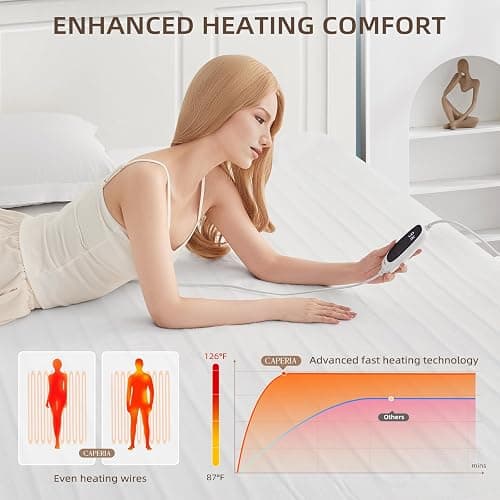 Caperia Heated Mattress Pad Twin XL Size Electric Mattress Bed Warmer 9 Heat Settings, 1-12 Hours Auto Off, Memory Function Deep Pocket, Fast Heating, Machine Washable Twin Plus 39“ x 80” - White - Twin XL thumbnail 6