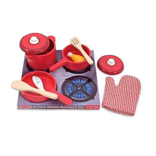Melissa & Doug Deluxe Wooden Kitchen Accessory Set - Pots & Pans (8 pcs) , Green , H: 12 x W: 12 x D: 5 - Image 1