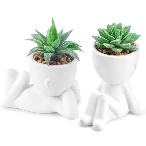 Der Rose 2 Pack Fake Plants in White Pots with Face Decals for Desk Decor | Customizable face stickers, playful sculptural planters,suitable for office desk bathroom shelf bedroom decor - Image 1