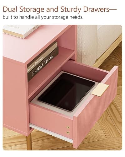 Masupu Night Stand,Mid-Century Modern Bedside Table with Storage Drawer and Open Wood Shelf,Small Gold Frame Side Table for Bedroom,Living Room, Pink thumbnail 4