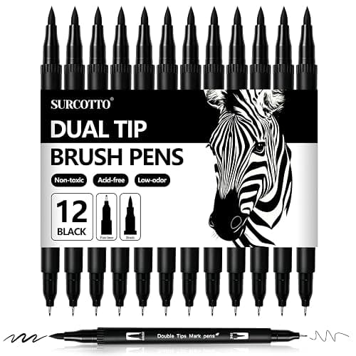 Surcotto Dual Brush Pen, 12 Feutres Noirs épais et fins,Double Pinceau Noir pour bullet journal, calligraphie, manga, croquis, livres de coloriage et lettrage à la main - Image 1