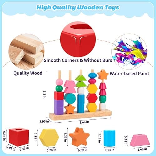 Montessori Wooden Beads Sequencing Toy Set, Stacking Blocks & Lacing Beads & Matching Shape Stacker for 2 3 4 5 Year Old STEM Preschool Learning Montessori Toys Gifts for Kids Boy Girl Toddler thumbnail 2