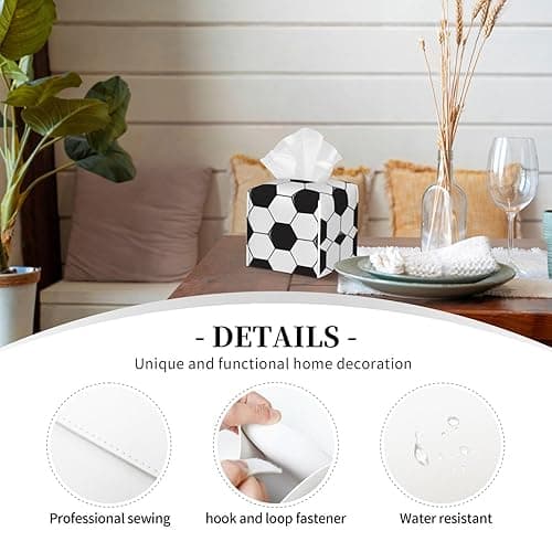 Tissue Box Cover Leather Napkin Holder Home Decor for Bathroom Vanity Countertop, Dining Table, Home Office Decor (Soccer Ball White and Black) thumbnail 6