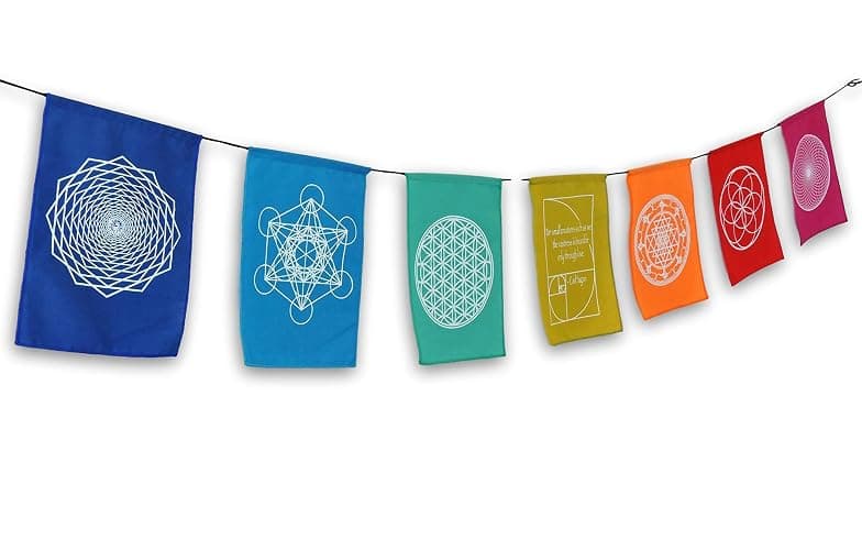 Sacred Geometry Rainbow Prayer Flags Positive Energy Shri Yantra, flower of life, seed of life, (9X12 multi) Our flags are hand printed and stitched by a Balinese family in indonesia thumbnail 7