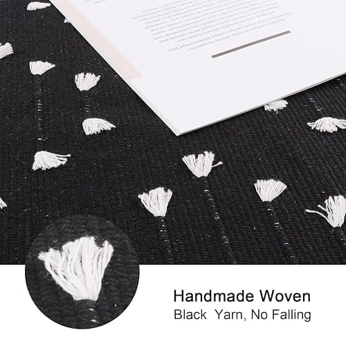 HAOCOO Boho Bathroom Runner Rug 2’ X 4.3’, Black Geometric Washable Woven Cotton Diamond Area Rug, Chic Moroccan Tribal Tassel Kitchen Rug,Throw Floor Mat Carpet Decorative for Living Room Bedroom thumbnail 2