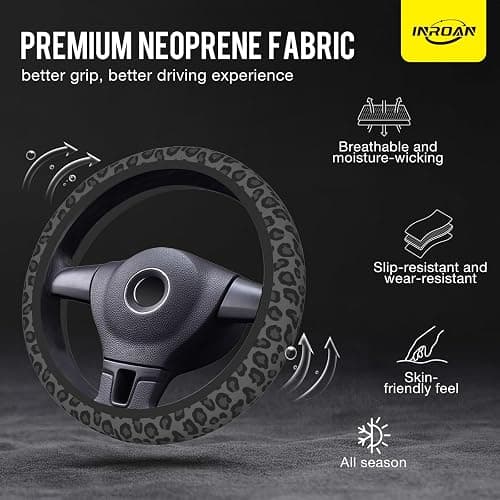 Black Leopard Print Steering Wheel Cover for Women, Universal Fit 14.5-15 Inch with Non-Slip Grip and Thermal Control, Includes 2 Ceramic Absorbent Cup Coasters, Compatible with Cars, SUVs, Trucks. thumbnail 4