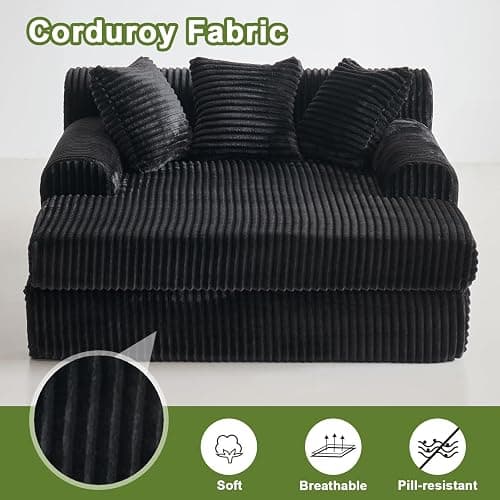 OOFAYJIA Oversized Chaise Lounge Chair Indoor, Corduroy Sofa Bed Sleeper with 3 Throw Pillows, No Assembly, Boneless Cloud Couch for Bedroom Living Room, Black thumbnail 5