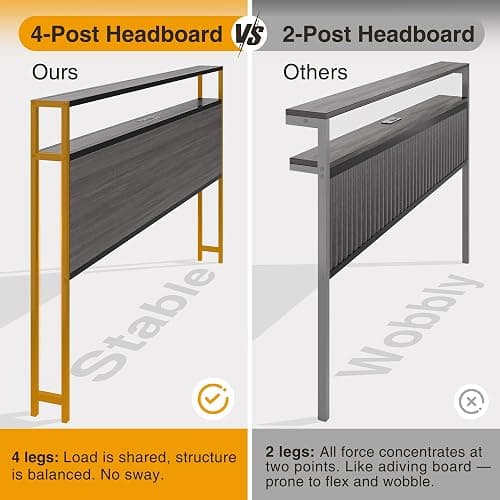 Lifezone Queen Bed Frame with 2-Tier Storage Headboard, Bedroom Metal Bed Frame with 2 Storage Drawers & Fast-Charging Station & LED, Noise-Free, No Box Spring Needed, Easy Assembly, Rustic Grey thumbnail 4