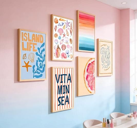 MBFKVFE 6 Pcs Coastal Wall Art, Colorful Beach Wall Decor with Seashell Starfish Coral and Grapefruit, Tropical Island Life Prints & Paintings for Bedroom Dorm Living Room 8x10 / 12x16 Inch Unframed thumbnail 4