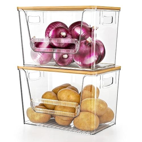 Delamu 2 Set Pantry Organizers and Storage, Trash Bag Holder Under Sink Organizer for 4-13 Gal Bags, Trash Bag Dispenser with Bamboo Top for Onion, Potato, Garlic, Clear (11-7/32"L*7" W*7-1/8"H) - Image 1