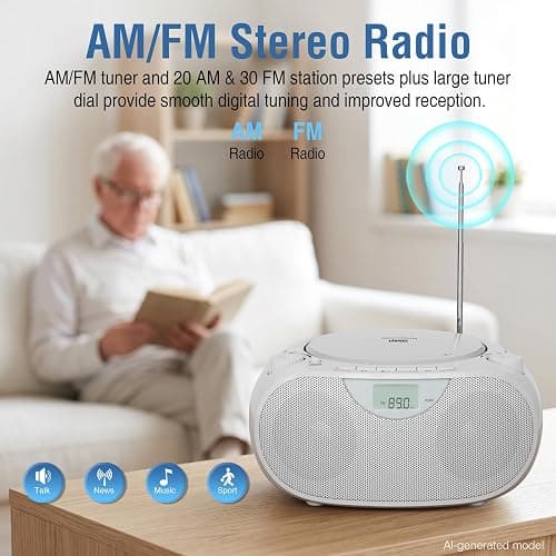 Nextron Portable CD Player Boombox with Bluetooth, AM/FM Radio & USB | CD-R/RW, MP3-CD & USB Playback, Stereo Sound, Bass Boost, AUX Input, Headphone Jack, LCD Display, AC/Battery Powered - White thumbnail 5
