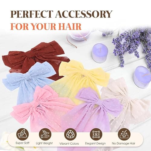 Loqpol 6 PCS Chiffon Hair Bows, Oversized Long Tail Bows with Aliigator Clips, Coquette Hair Accessories for Women and Girls (Red-Lavender-Pink-Yellow-Blue-White) thumbnail 4