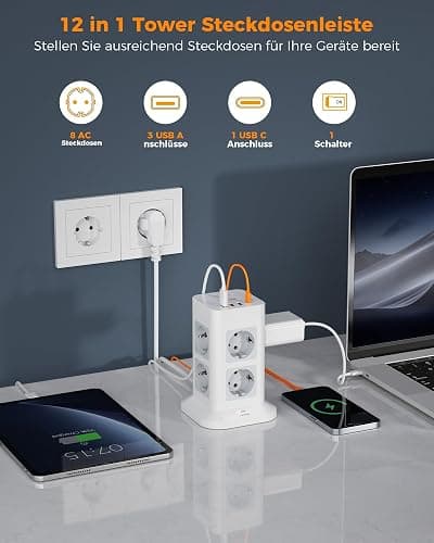 TESSAN 8 Fach Mehrfachsteckdose mit USB C, Verlängerungskabel 3M mit 4 USB und Steckdosenleiste Überspannungsschutz, 3600W Steckdosenturm mit Schalter, Steckdosenwürfel für Büro, Grau thumbnail 2