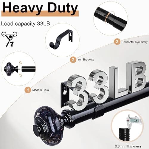 Black Crystal Curtain Rods for Windows 48 to 84 Inch, Decorative Vintage 1'' Diameter Curtain Rod with Black Foil Finial, Adjustable Heavy Duty Easy Install Drapery Pole Set for Farmhouse, Bedroom thumbnail 5