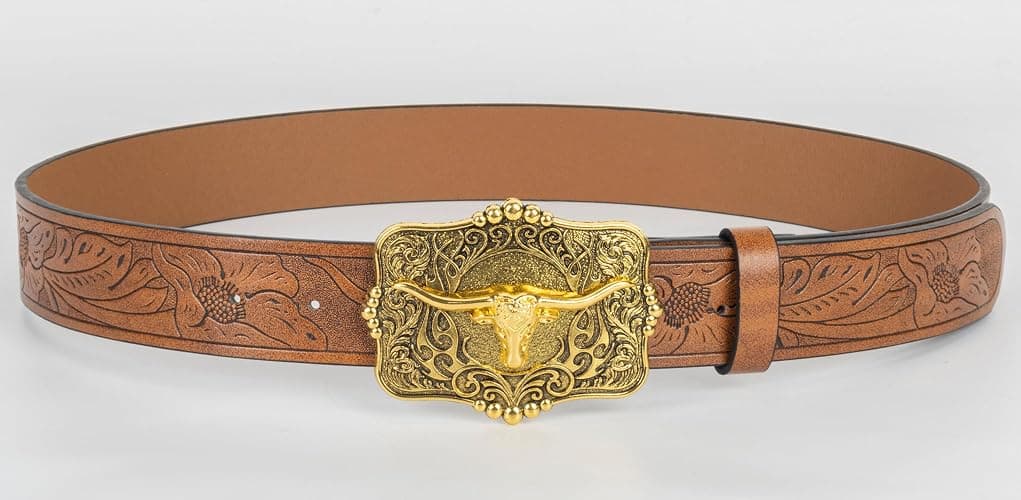 Mawjom Western Cowboy PU Leather Belt - Men Waist Strap Bull Decoration Floral Engraved for Jeans 25" to 38" Waist thumbnail 7