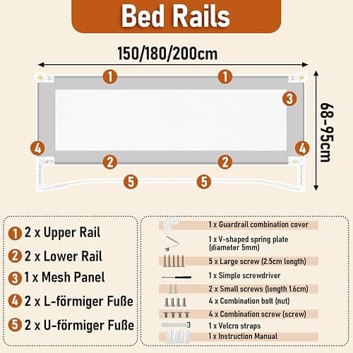 Tubiaz 1x180CM+2x200CM Barriera per letto, Barriera pieghevole per letto con piedini a forma di U, Protezione per letto per bambini per prevenire le cadute, Barriera per bambini piccoli thumbnail 7