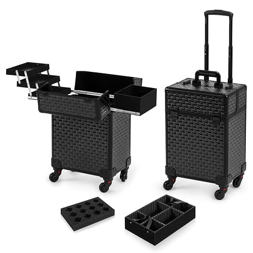 AROUS Rolling Makeup Train Case, Large Storage Cosmetic Trolley 4 Tray with 360° Swivel Wheels Keys, Large Storage Traveling Cart Trunk, Cosmetic Train Cases for Nail Technicians Hairstylist, Black - Image 1