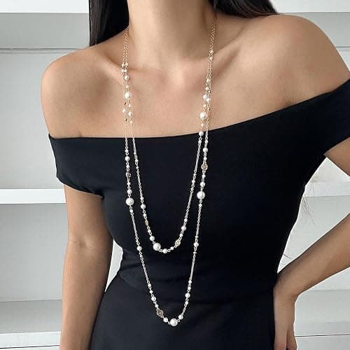 Long Pearl Necklaces for Women Pearl Long Chain Necklace Dainty Gold And Long Pearl Necklaces Layered Pearl Necklace Statement Sweater Strand Chain Jewelry thumbnail 2
