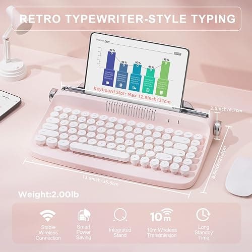 YUNZII ACTTO B303 Wireless Typewriter Keyboard, Bluetooth Connection, Cute Retro Aesthetic Design with Integrated Stand for Tablet, Phone, PC and Win/Mac/Android(B303, Baby Pink) thumbnail 2