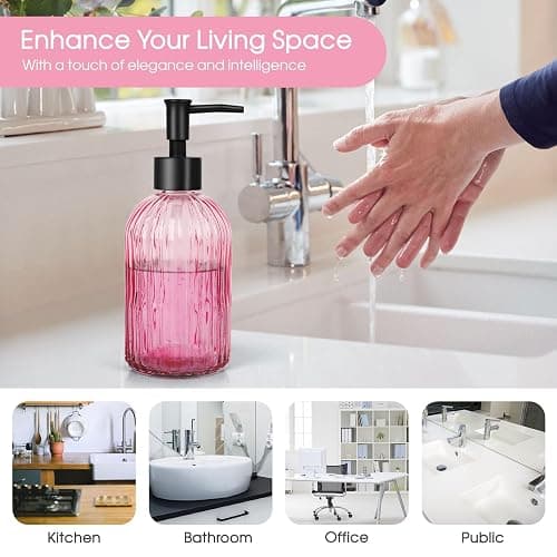 Topsky Stripe Glass Soap Dispenser with Black Plastic Pump, 400ml Liquid Hand Soap Dispenser, Rustproof Pump for Kitchen & Bathroom, Great for Lotions, Essential Oil, Liquid Soaps-Pink thumbnail 6