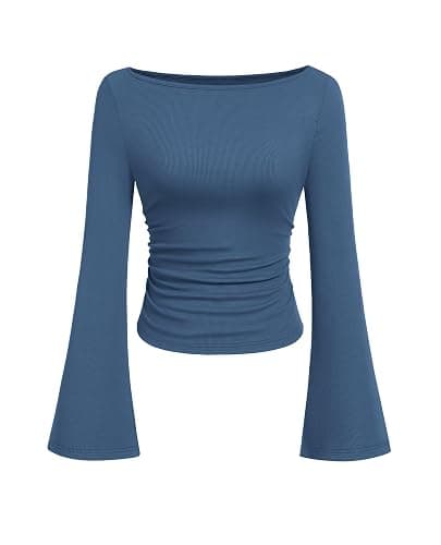 PRETTYGARDEN Women's Long Sleeve Shirts 2025 Fall Crop Going Out Tops Casual Boat Neck Bell Sleeve Ribbed Ruched Y2K Clothes - Image 1
