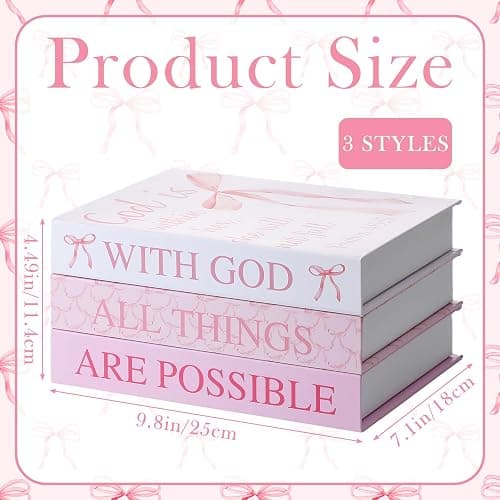 Beeveer 3 Pcs Pink Bow Decorative Books with Bible Verses for Coquette Room Decor Christian Preppy Fake Books with God All Things Are Possible Magnetic Storage Box for Girly Bookshelf School Christmas thumbnail 3