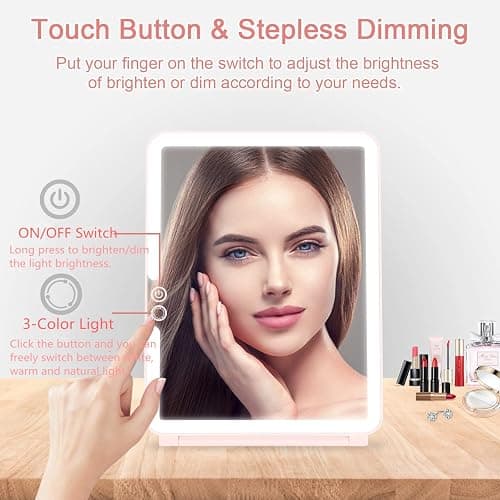 deweisn Folding Travel Mirror Lighted Makeup Mirror with 72 LEDs 3 Colors Light Modes, USB Rechargable, Portable, Ultra Thin, CompactVanity Mirror with Touch Screen Dimming for Cosmetic (Pink) thumbnail 3