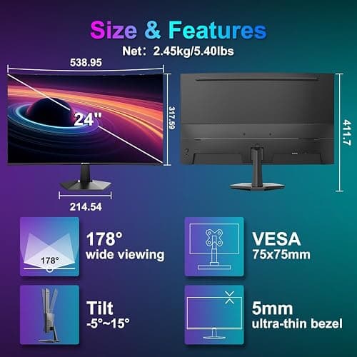SANSUI Curved Monitor 24 inch 100Hz USB Type-C Computer Monitor with Built-in Speakers- MPRT 1ms,Adaptive Sync,HDR,1500R,VESA 75x75mm Compatible, for Home and Office(ES-24C1) thumbnail 8
