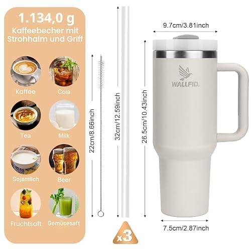 WALLFID 40oz Thermobecher aus Edelstahl, Vakuum-Isoliert mit Deckel, 3 Strohhalmen und 1 Strohhalm Bürste, Für Heiß- und Kaltgetränke, Ideal für Kaffee, Tee, Smoothies und Mehr(Rosenquarz) thumbnail 3