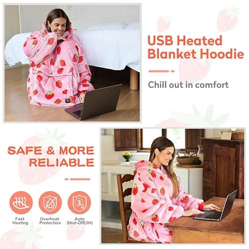 Cootway Heated Wearable Blanket Hoodie, 3 Heat Level Oversized Strawberry Blanket Hoodie for Women Without Battery Pack, Cozy Warm Sweatshirt Blanket, USB Heating Hooded Blanket w/Sleeves&Giant Pocket thumbnail 5