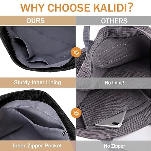 KALIDI Corduroy Tote Bag, Large Slouchy Hobo Messenger Crossbody Bag | Anti Splash Zipper Side Pockets Shoulder Bag Adjustable Strap Lightweight Casual Work Shopping Women thumbnail 8