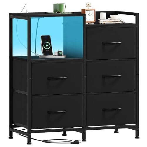 Somdot Black Nightstand with Charging Station and LED Light, Wide 5 Drawers Dresser for Bedroom with Fabric Bins and Open Shelf for Bedroom Kids Closet Dorm Guest Room, Black - Image 1
