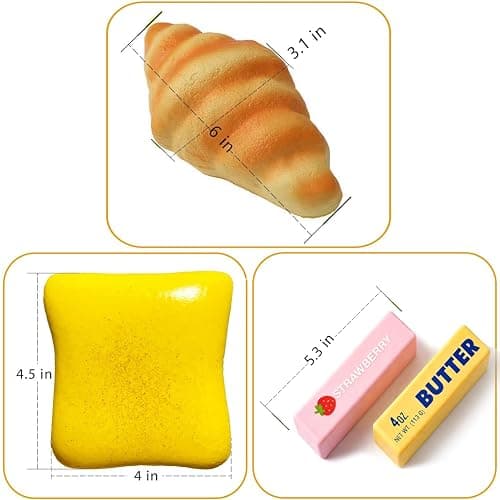 4Pcs Squishy Toys Set, Slow Rising Butter Squishy, Toast Bread and Croissant Squishies, Soft PU Foam Squeeze Toys for Stress Relief, Fidget Toys, Party Favors, Desk Toys, Gifts for Kids and Adults thumbnail 3