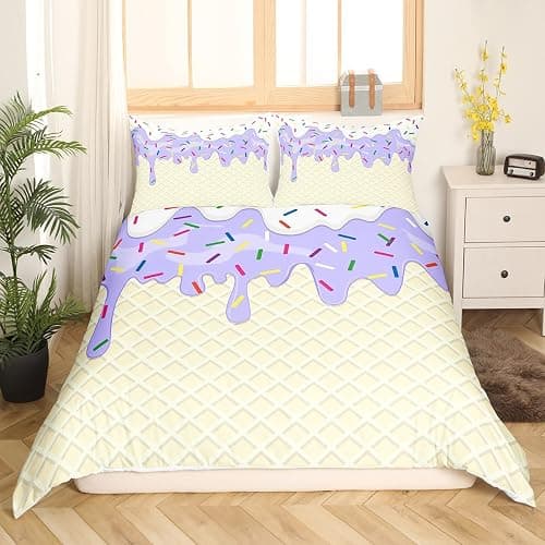 Women Ice Cream Duvet Cover Set Twin Size,2 Pcs Breathable Purple White Cream Cake Bedding Sets(1 Duvet Cover+1 Pillowcase),Colorful Candy Printed Comforter Cover Set for Girls Kids(No Comforter) thumbnail 3