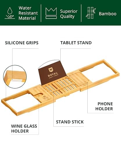 ROYAL CRAFT WOOD Premium Foldable Bathtub Tray Caddy - Wood Bath Tray for Tub, Bamboo Shelf, Expandable Bath Table Trays, Bathtub & Bathroom Accessories for New Home & Mothers, Birthday Gifts for Mom thumbnail 3