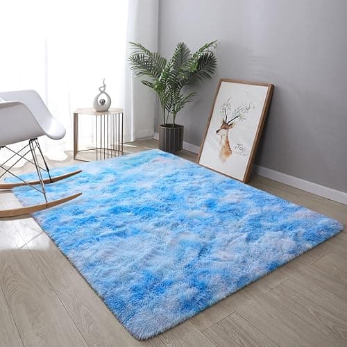 DweIke Fluffy Blue Shag Rugs for Bedroom Living Room, 3x5 Feet Soft Plush Tie-Dyed Light SkyBlue Girls Boys Kids Rug, Upgraded Non-Slip and Machine Washable Carpet for Dorm Nursery Classroom Decor thumbnail 8