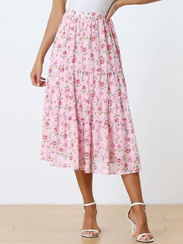 Allegra K Women's Floral Skirt Chiffon A-line Long Tiered Ruffle Boho Summer Midi Skirts thumbnail 3