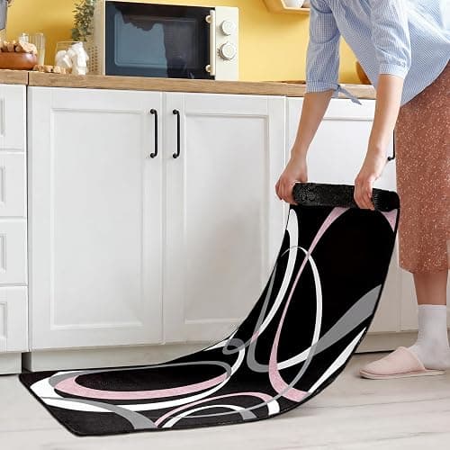 Maasechs 3 Pcs Pink and Black Kitchen Rug and Mat Set Geometric Floor Mat | Non Slip Washable, Modern Abstract Runner Rug, Minimalist Kitchen Decor Accessories for Home Office Bathroom, 17"x29"+17"x47" thumbnail 5