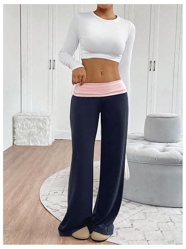 SOLY HUX Women's Sweatpants Color Block Low Rise Fold Over Waist Baggy Wide Leg Pants thumbnail 5