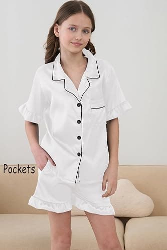 Hupohoi Summer Satin Pajama 2 Pieces Ruffles Sleeve Shorts Loung Sets Button Down Sleepwear for Teen Girls with Pockets thumbnail 4