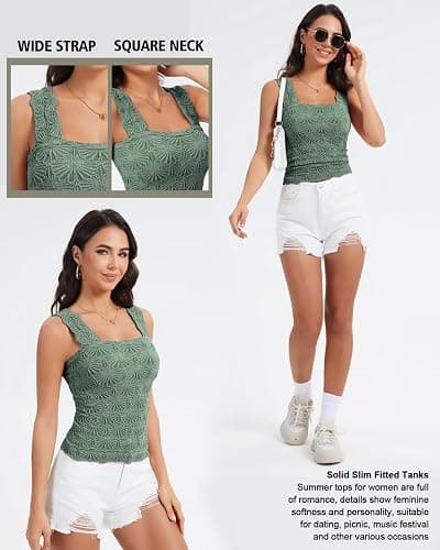 Women's Square Neck Wide Strap Crop Tank Tops Slim Fit Sleeveless Going Out Top Flower Lettuce Trim Cami Tops - Small - Emerald Green thumbnail 4