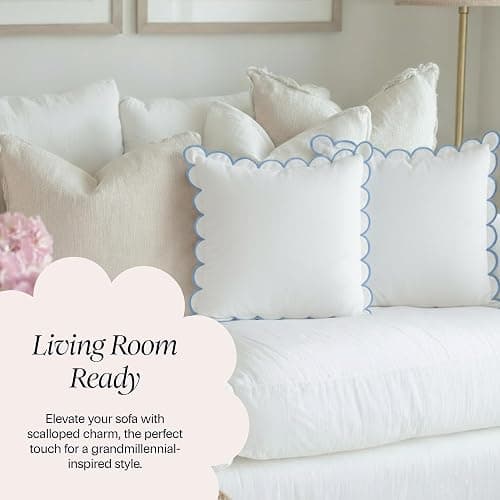 BEBE BASK Scalloped Pillow Cover - Set of 2-18 x 18 Inch - Scallop Pillow Cover – White and Blue Scalloped Pillows - Scallop Pillows - 100% Cotton - Grandmillennial Style (White/Blue) thumbnail 6