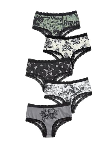 WDIRARA Women's 5 Pack Set Goth Graphic Print Mesh Sheer Lace Trim Mid Rise Underwear Briefs - Image 1